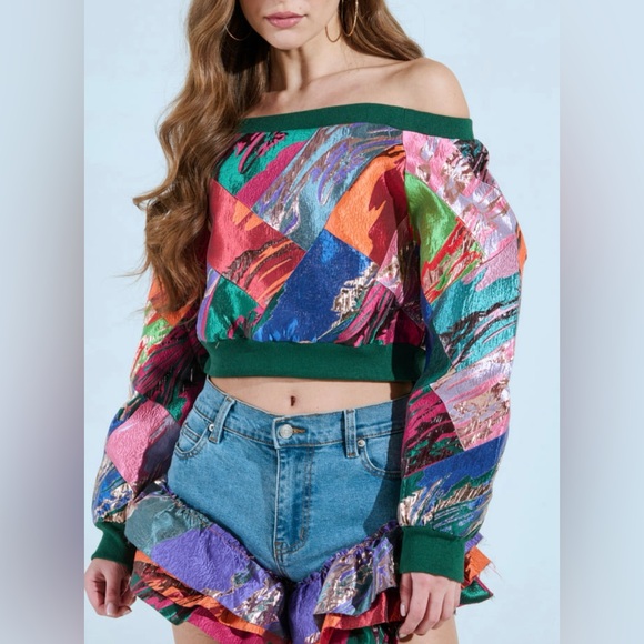 NWT AKIRA Colorful Off-Shoulder crop Patchwork Top size XL - Picture 1 of 3